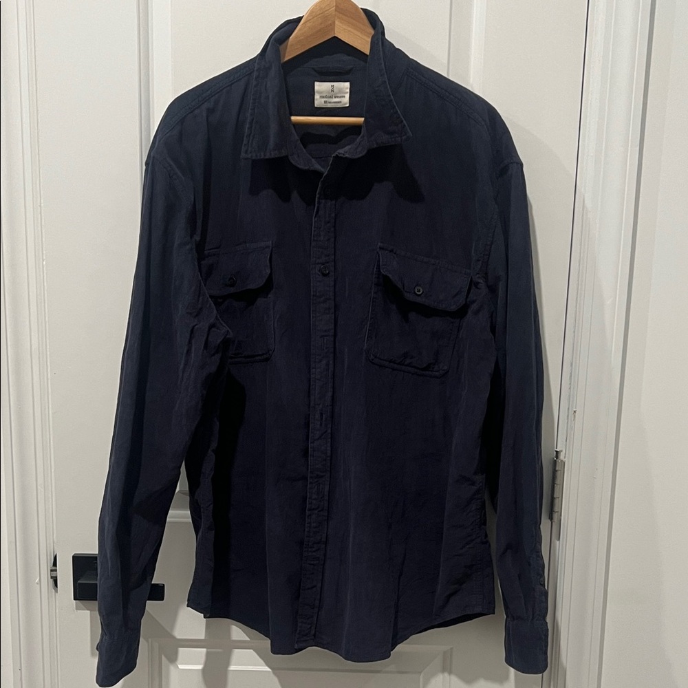 Dark Blue Corduroy Button-Up Shirt with Pockets, Size‎ XXL